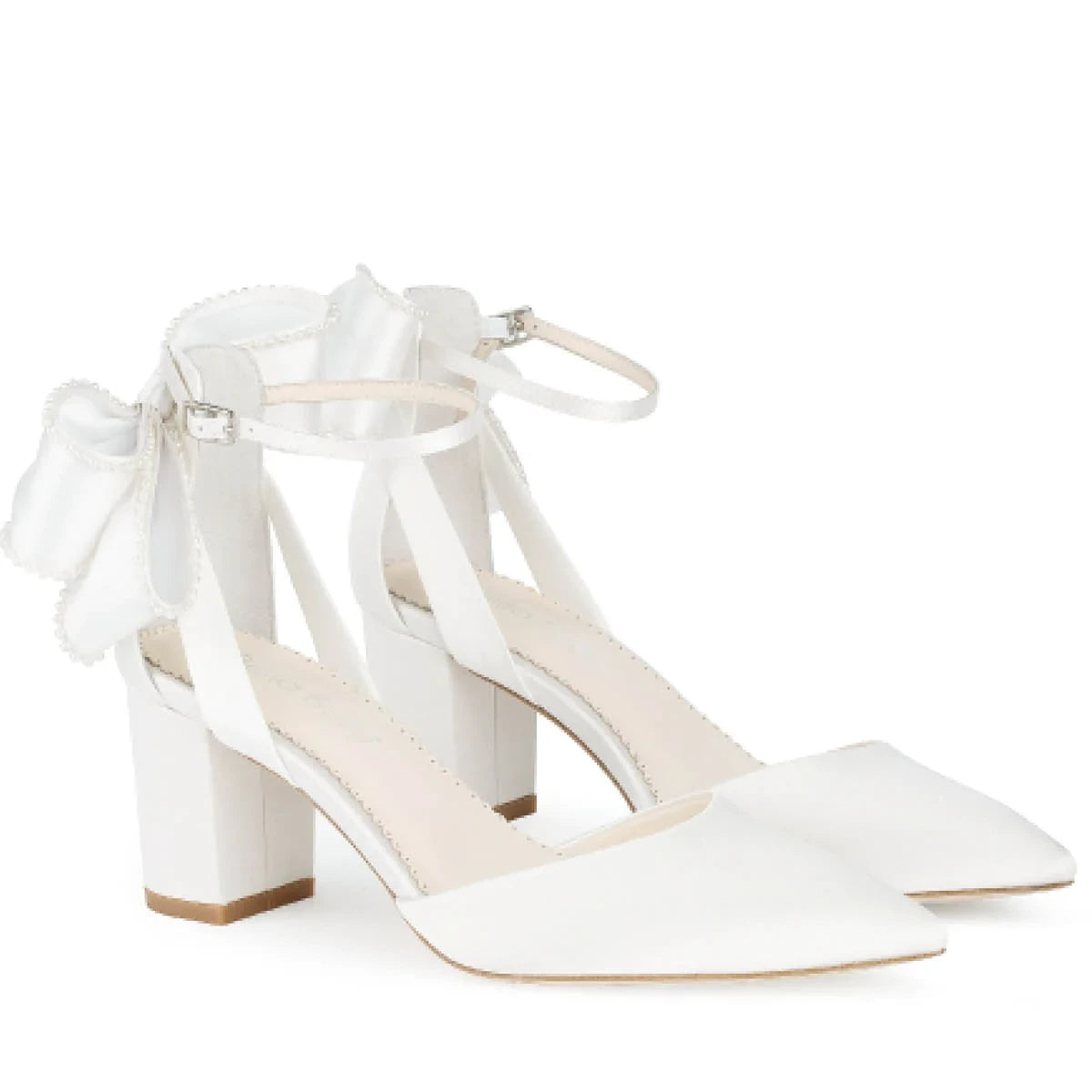 Molly - Ivory Ankle Strap Pearl Bow Block Heels