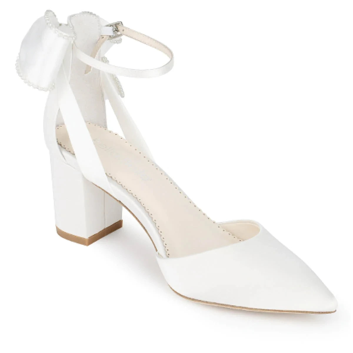 Molly - Ivory Ankle Strap Pearl Bow Block Heels