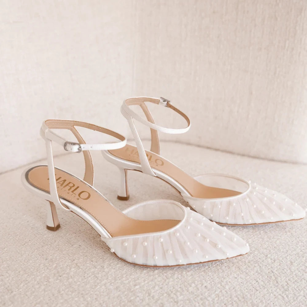 Harlo Ellie - Soft White Low Heel Wedding Shoes with Handsewn Pearls