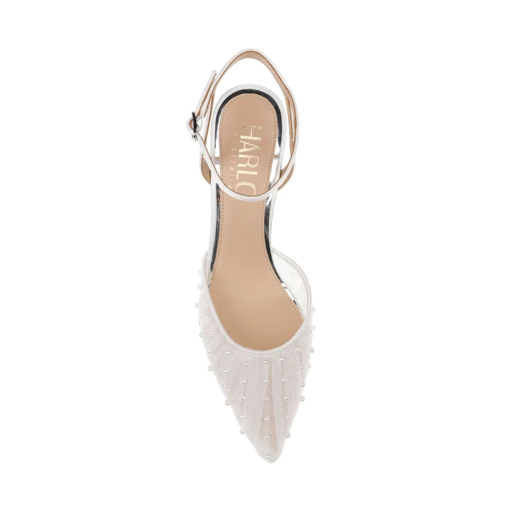 Harlo Ellie - Soft White Low Heel Wedding Shoes with Handsewn Pearls